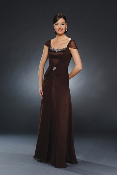 Chocolate Cap Sleeves Square Neck Floor Length Column Mother Of Bride Dresses With Beading And Ruches