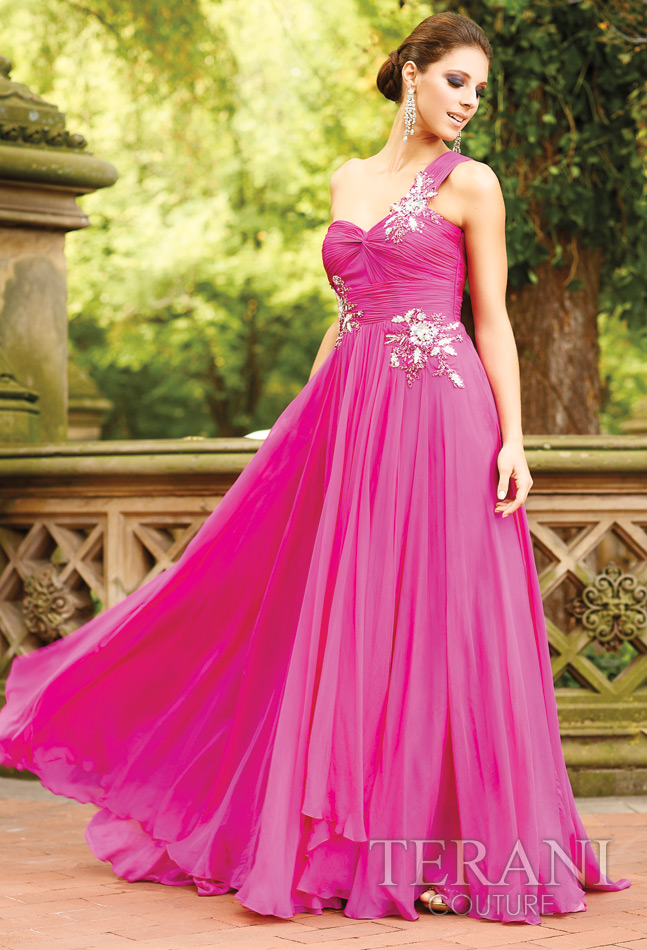 Fuchsia A Line One Shoulder Floor Length Pleated Evening Dresses With Beading Appliques 