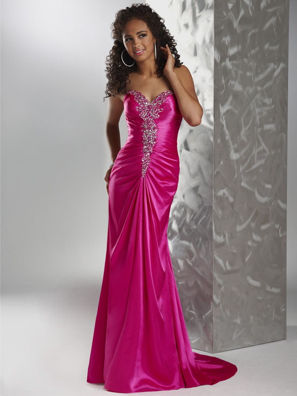Fuchsia Strapless Sweetheart Open Back Sweep Train Full Length Mermaid Evening Dresses With Beading And Drapes