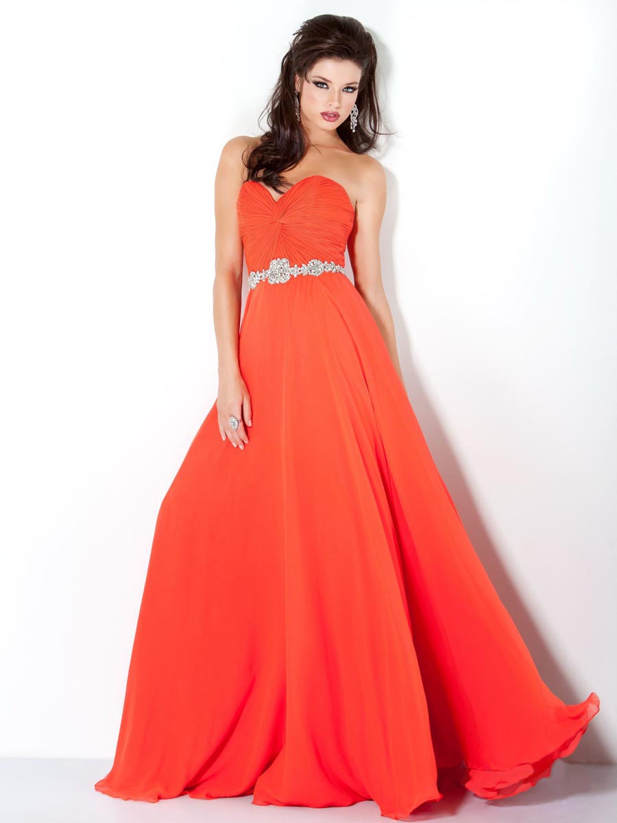 Orange Red A Line Sweetheart Strapless Zipper Full Length Evening Dresses With Beading Belt