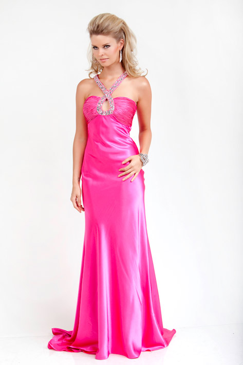 Magenta Column Cross Halter Open Back Sweep Train Full Length Evening Dresses With Beading And Drapes