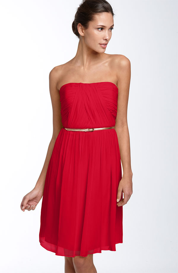 Red Empire Strapless Zipper Knee Length Pleated Chiffon Prom Dresses