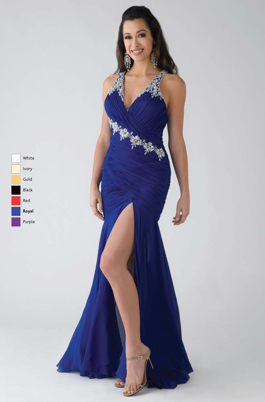 Royal Blue Mermaid V Neck And Strap V Back Full Length Ruched Chiffon Prom Dresses With Beading 