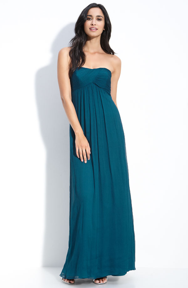 Teal Empire Strapless Zipper Ankle Length Chiffon Prom Dresses With Twist Drapes