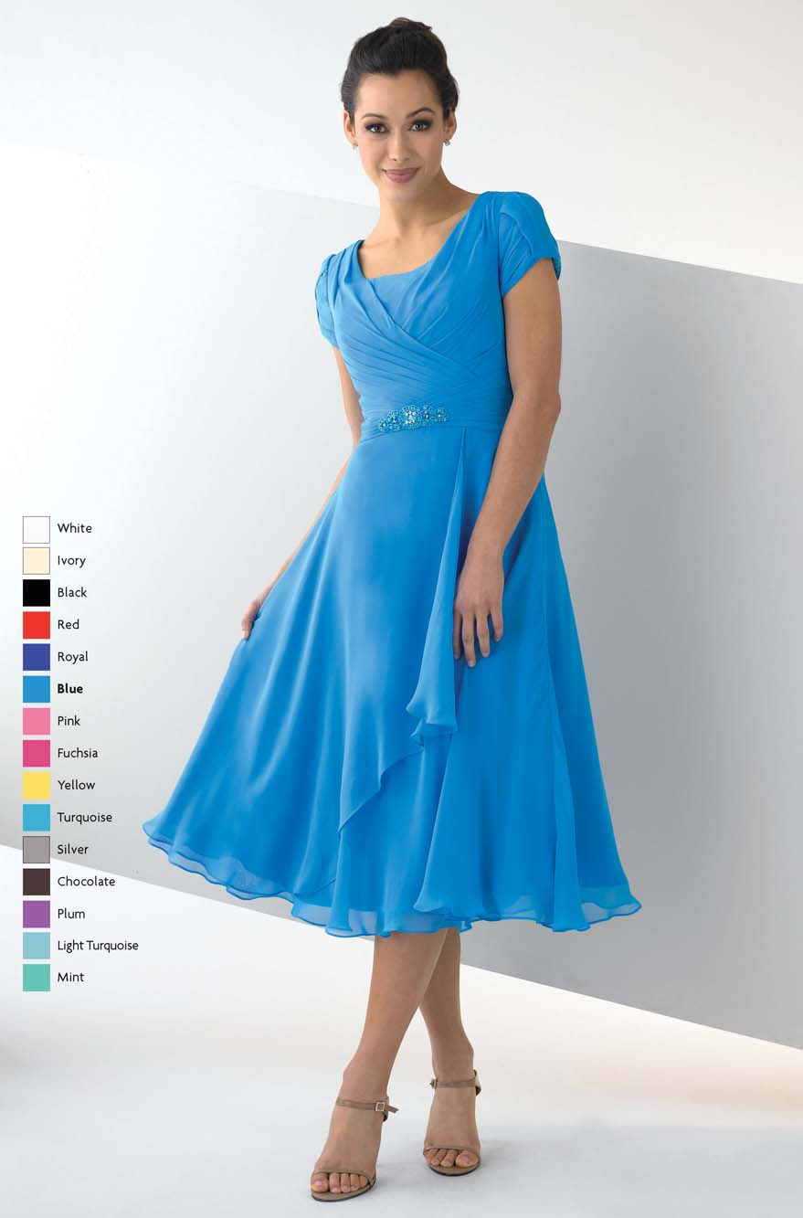 Turquoise Square Neckline And Short Sleeves Zipper Tea Length A Line Mother Of Bride Dresses With Ruffles 