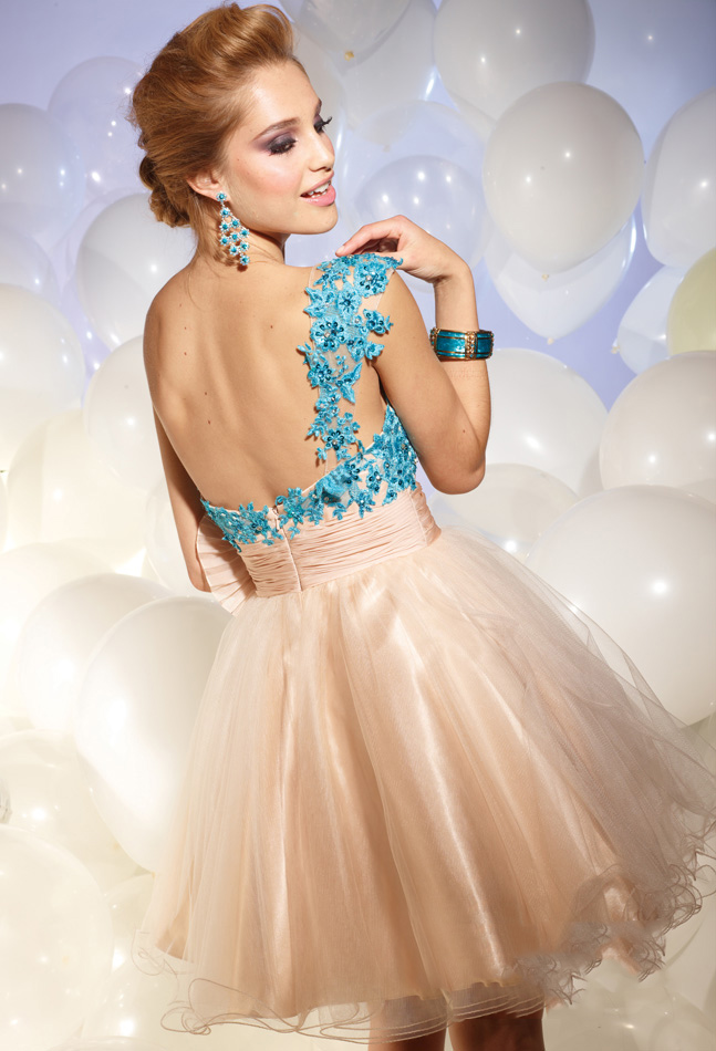 Turquoise And Champagne A Line One Shoulder Low Back Short Mini Tulle Cocktail Dresses With