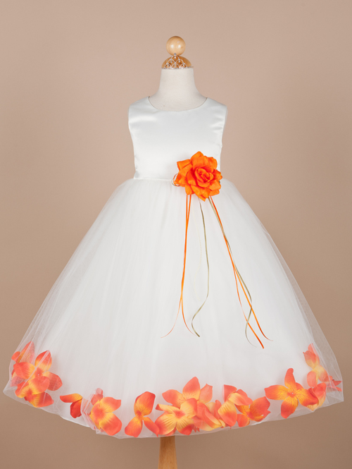 white dress orange flowers