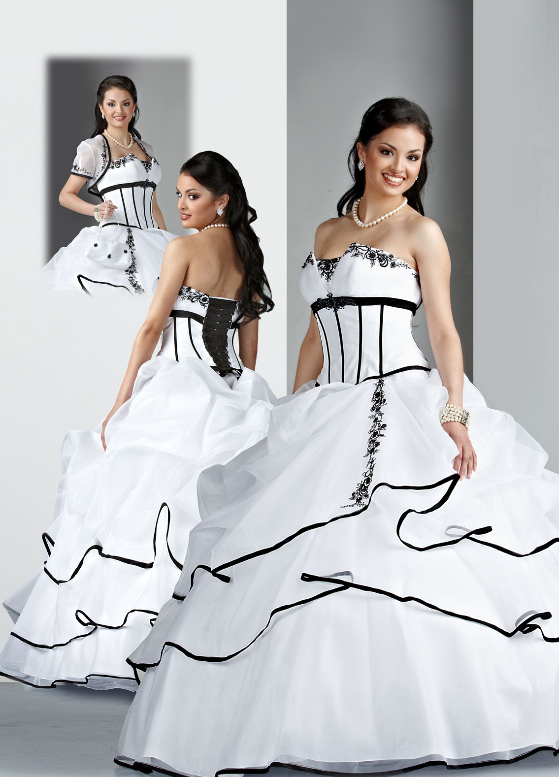 White Ball Gown Strapless Lace Up Full Length Quinceanera Dresses With Black Embroidery And Ruffles 