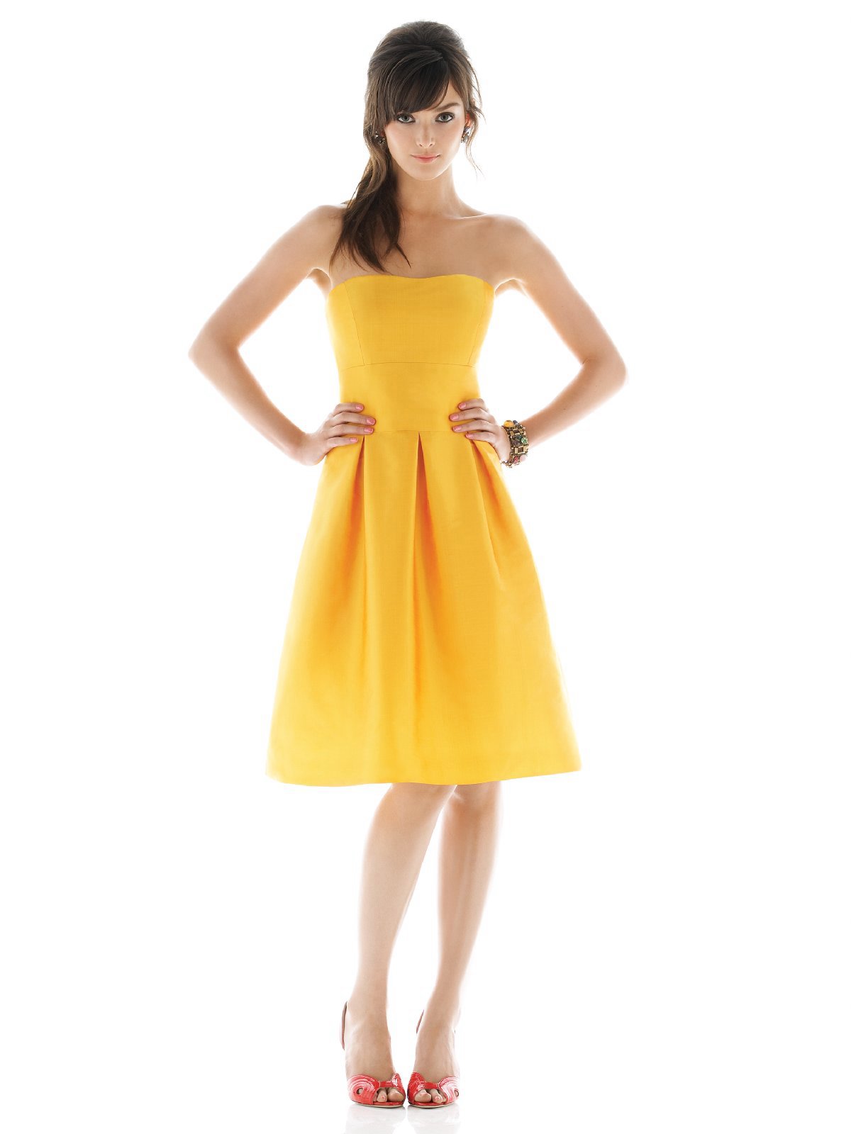 Yellow A Line Strapless Knee Length Satin Prom Dresses With Draped Skirt 